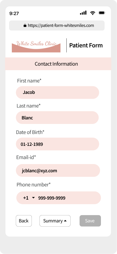 patient intake form feilds filled