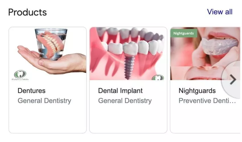 Example of products showcased on a dentist’s GMB